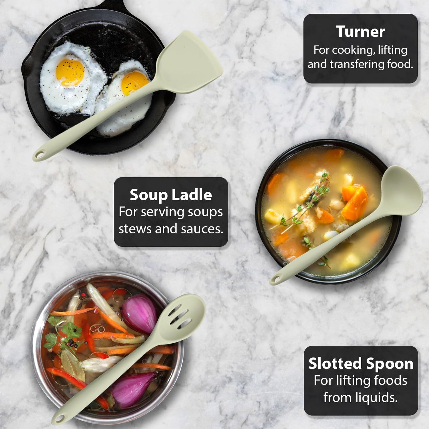 Beige silicone utensils styled with vegetables and spices in clean kitchen setup