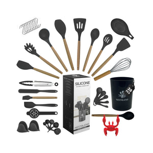 Top view of BPA-free wooden utensils set with ergonomic handles