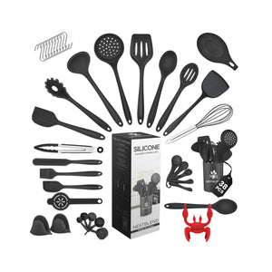 Flat lay of black silicone cooking utensils with ergonomic handles fanned around crab spoon holder