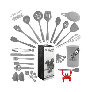 Grey silicone kitchen utensils set with red crab spoon holder on white background