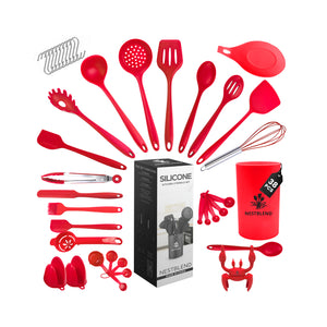 Top view of red silicone cooking tools fanned around crab spoon holder