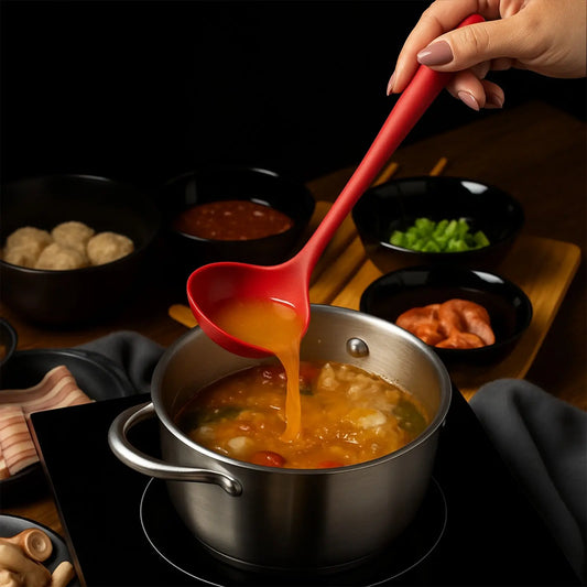 Red crab-shaped spoon rest holding matching red silicone utensil upright