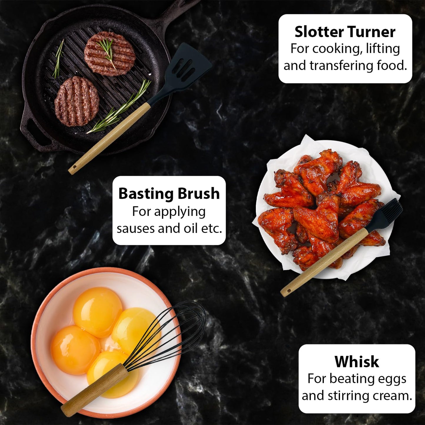 Wooden kitchen spoon stirring food in non-stick pan