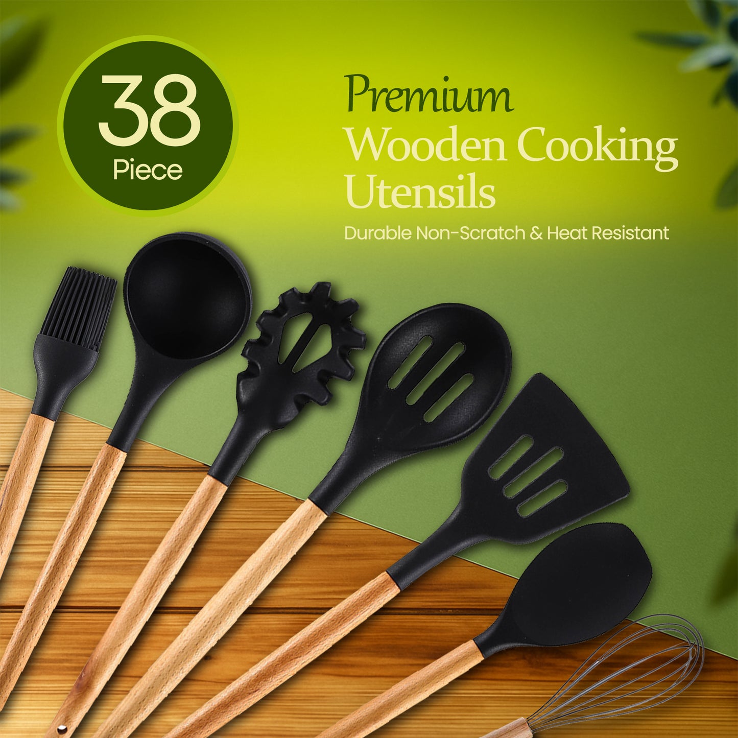 Premium wooden kitchen utensils set with crab spoon holder on white background