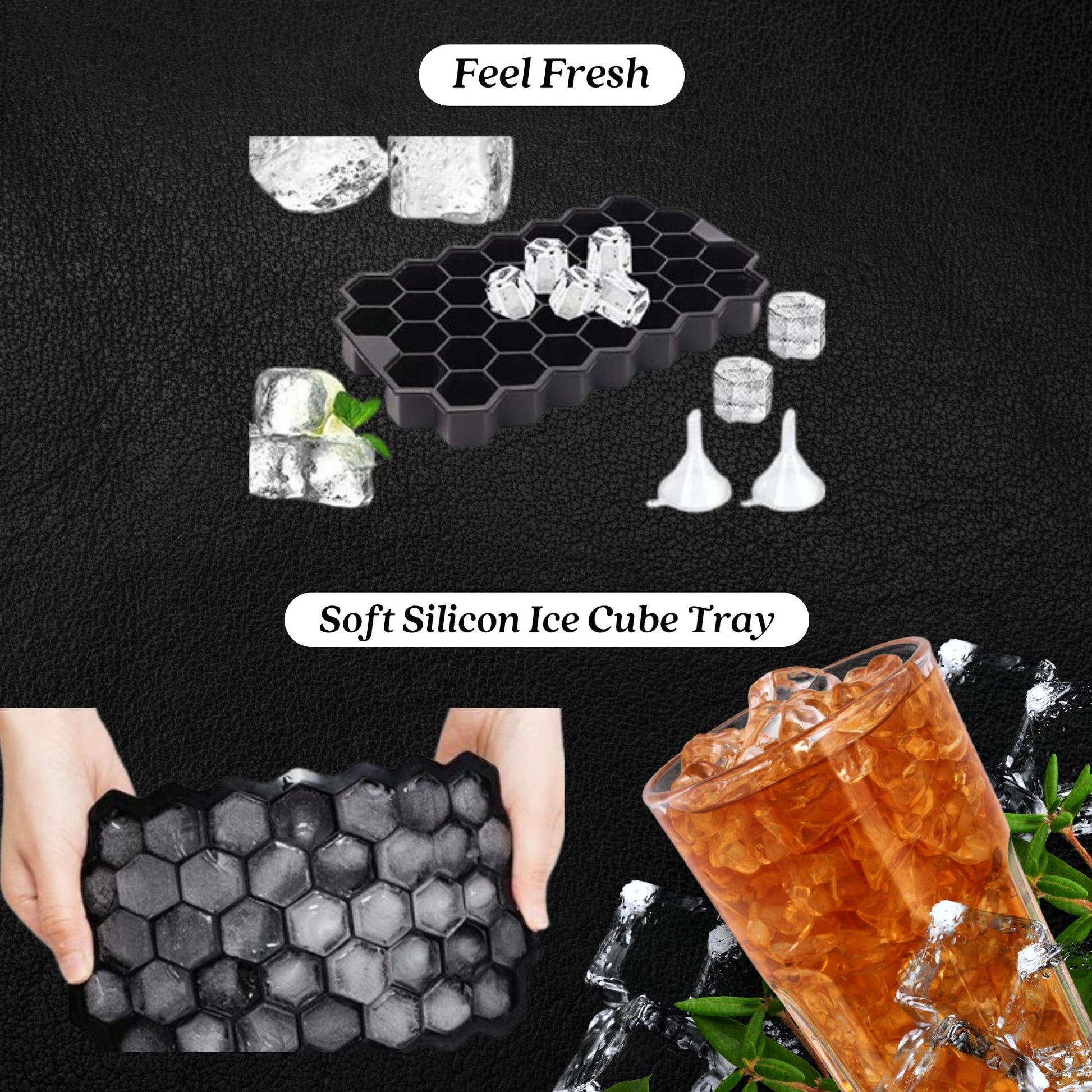 Flexible silicone tray releasing large ice cubes with ease