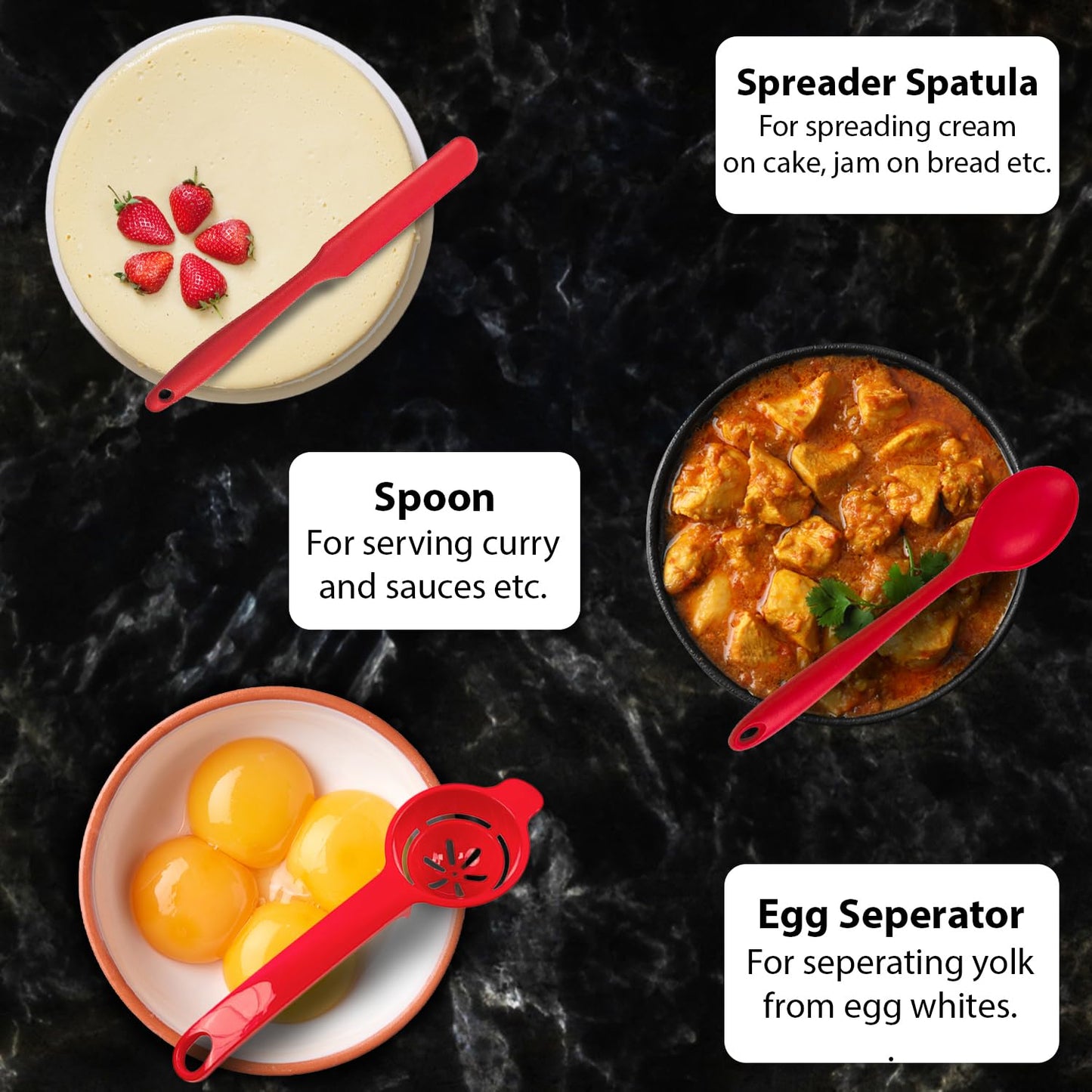 Red silicone utensils styled with kitchen ingredients in modern setup