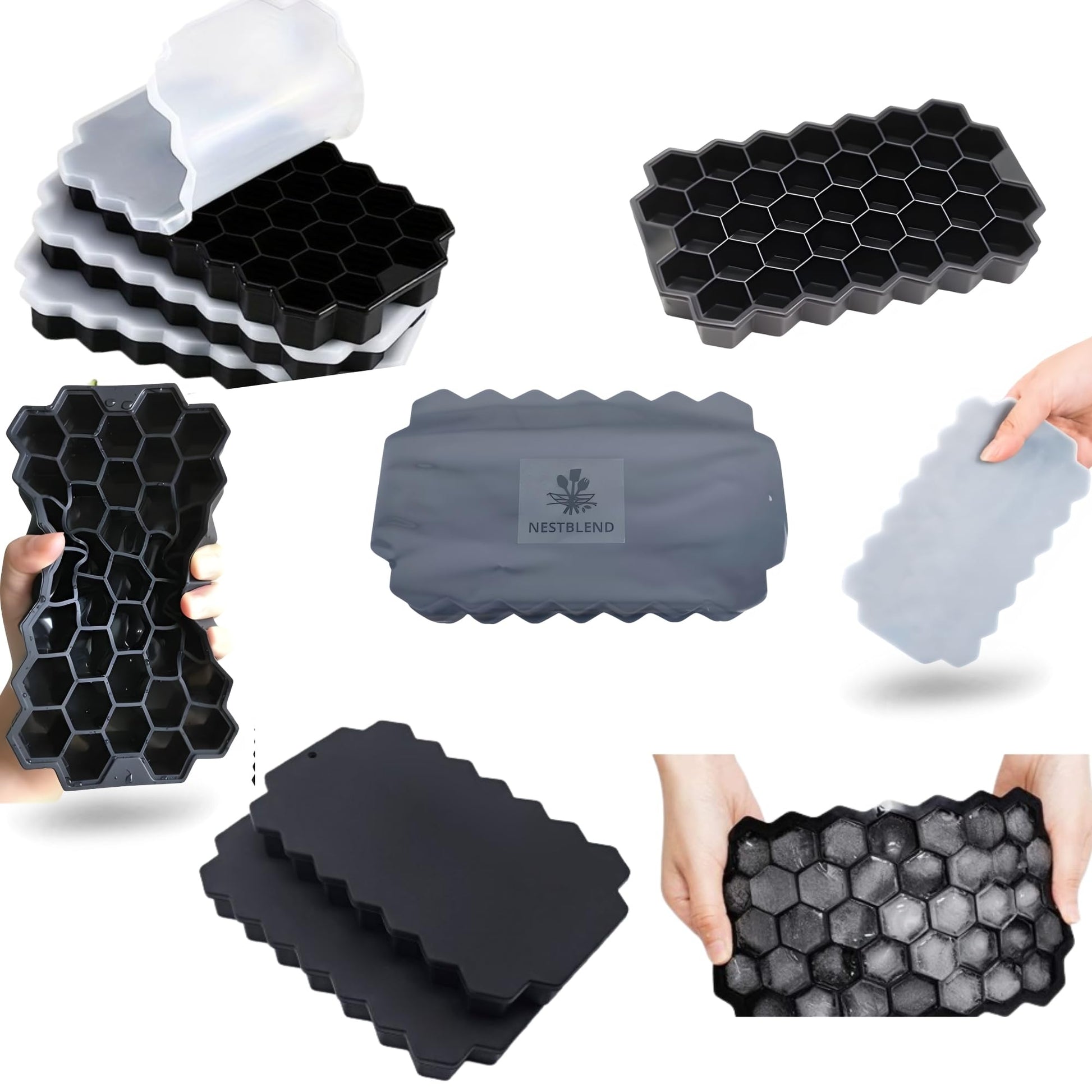 Stackable black silicone ice cube trays with secure lids