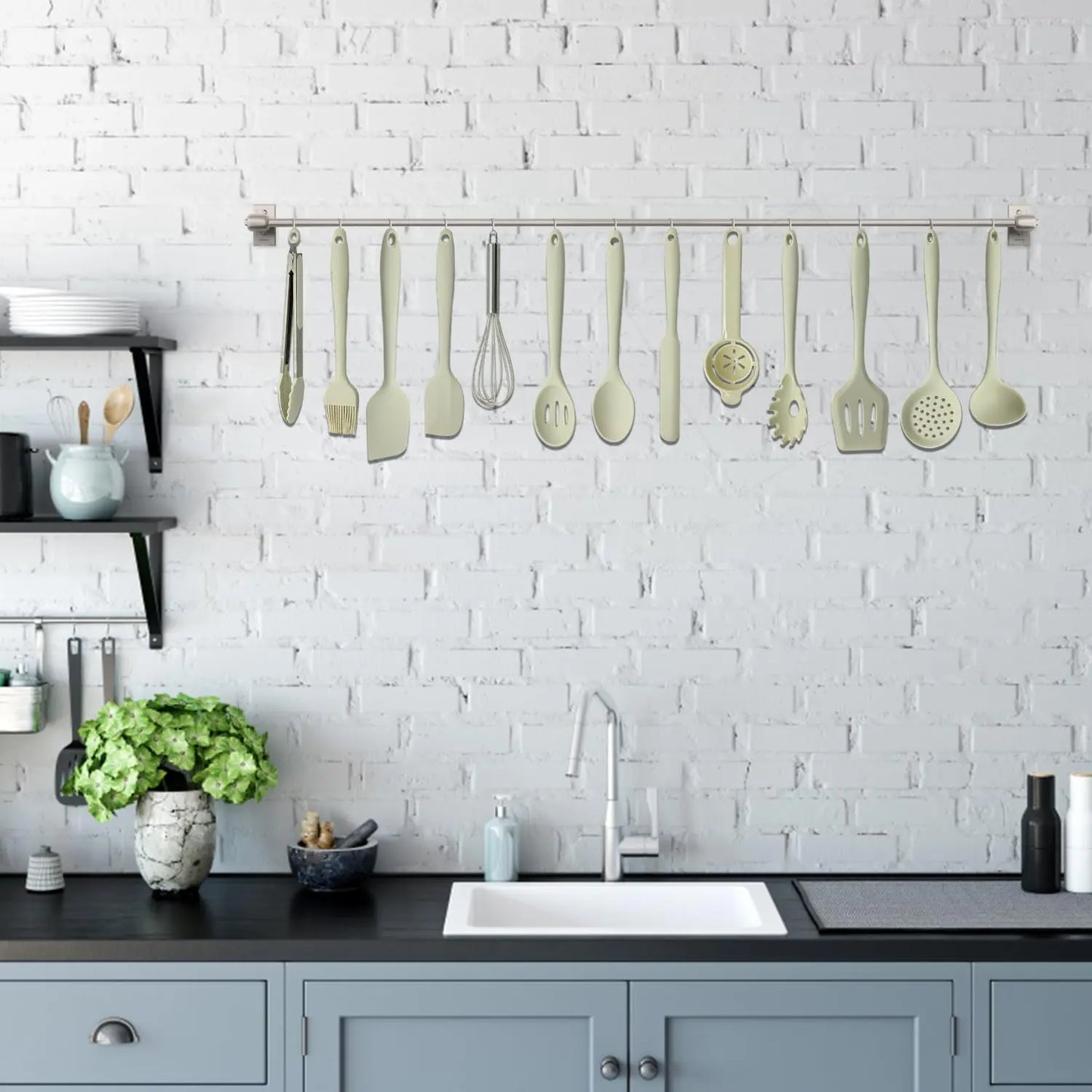 Beige spatula resting in red crab-shaped spoon holder on modern countertop
