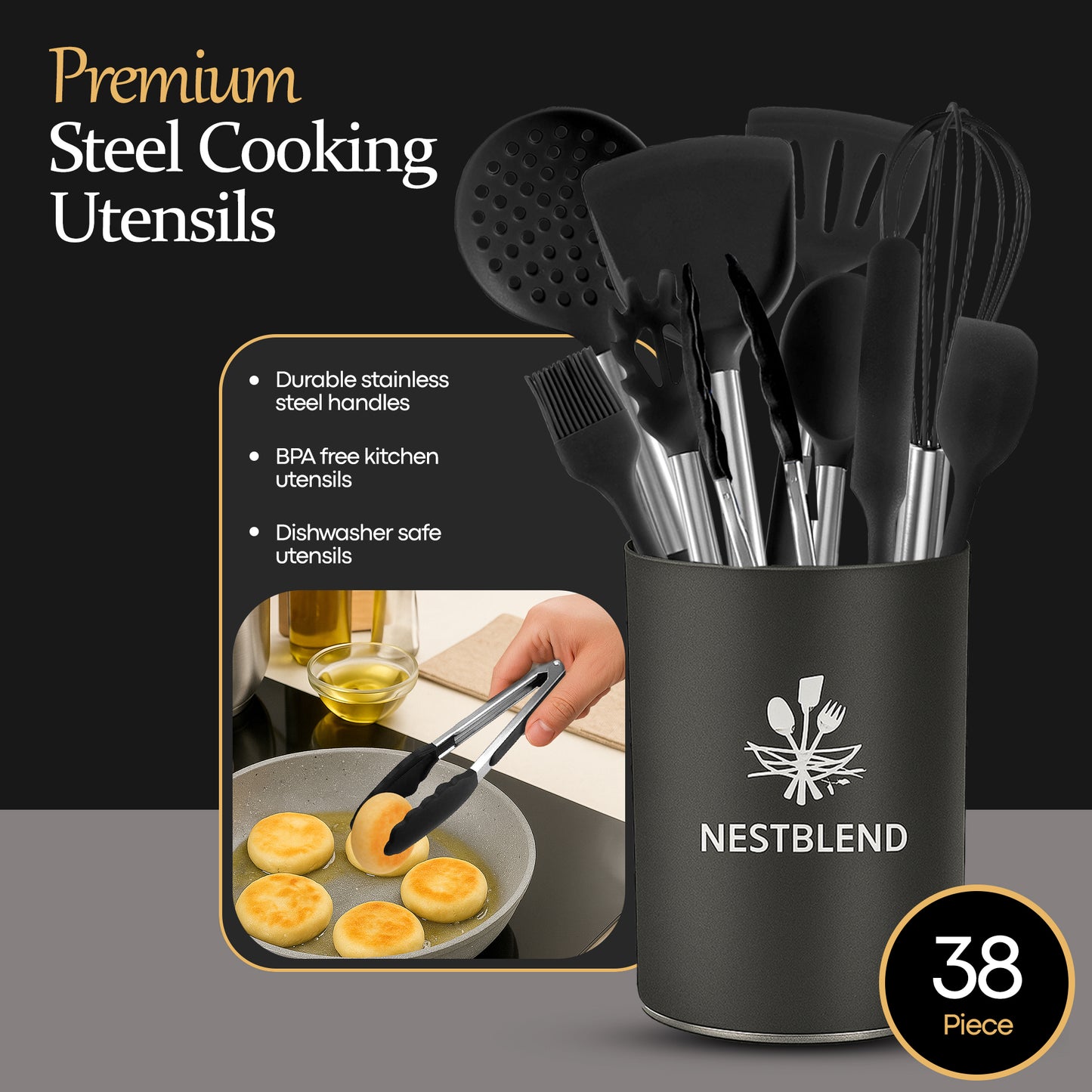 Black steel spoons and spatulas standing upright in crab spoon holder