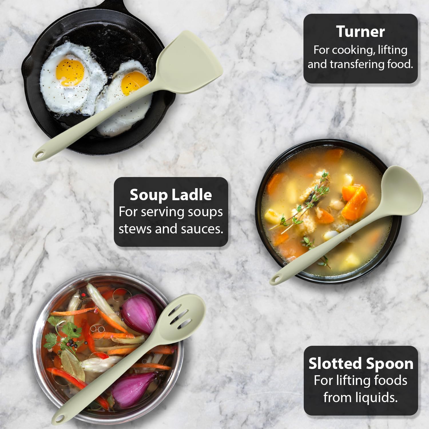 Beige silicone utensils styled with vegetables and spices in clean kitchen setup

