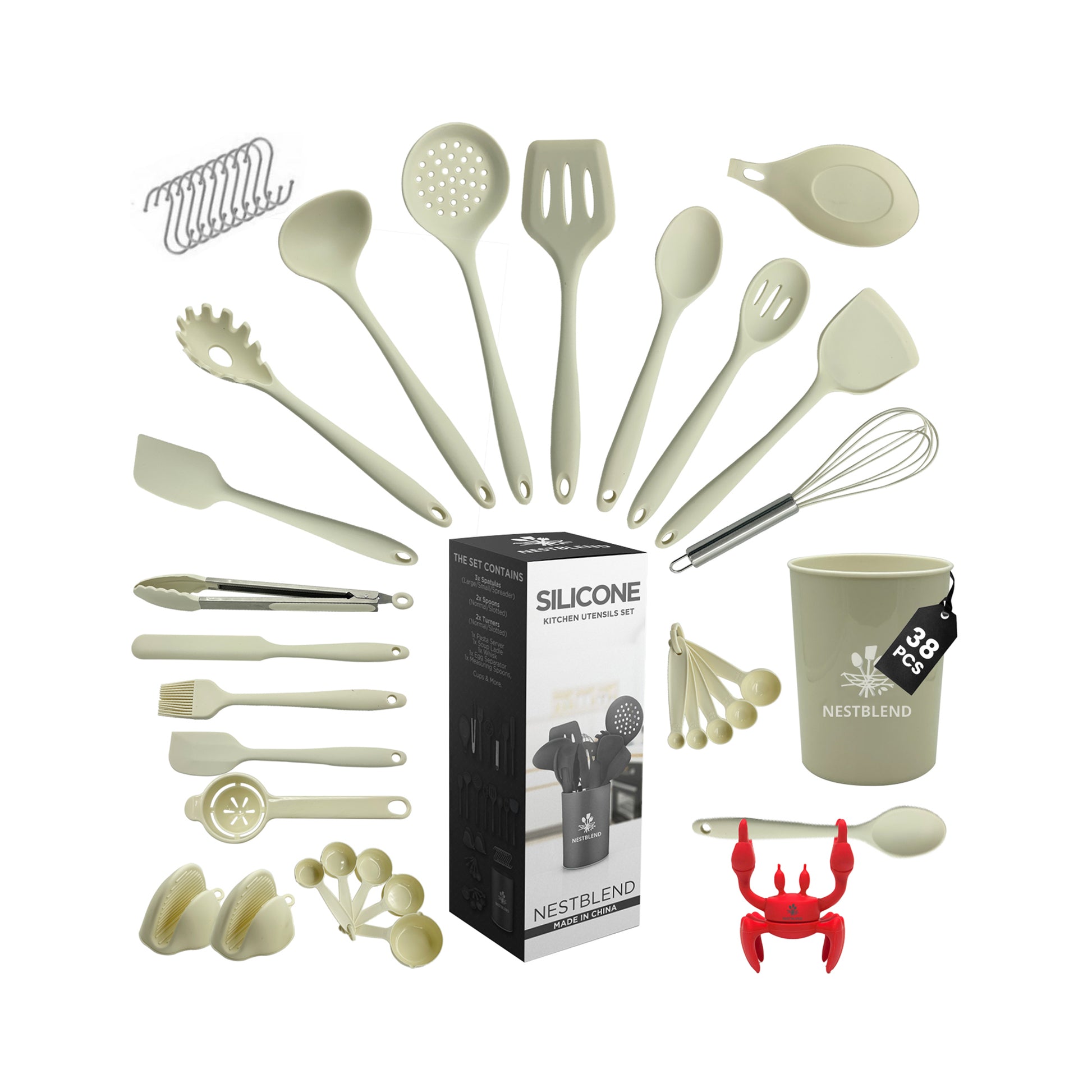 Beige silicone kitchen utensils set with red crab spoon holder on white background


