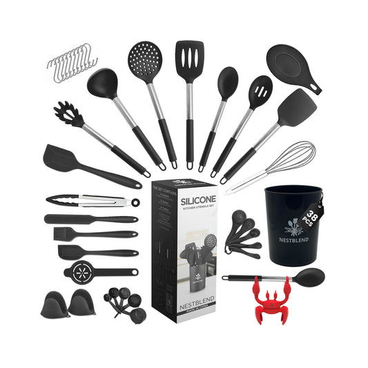 Complete black steel kitchen utensils set displayed with red crab spoon holder on white background
