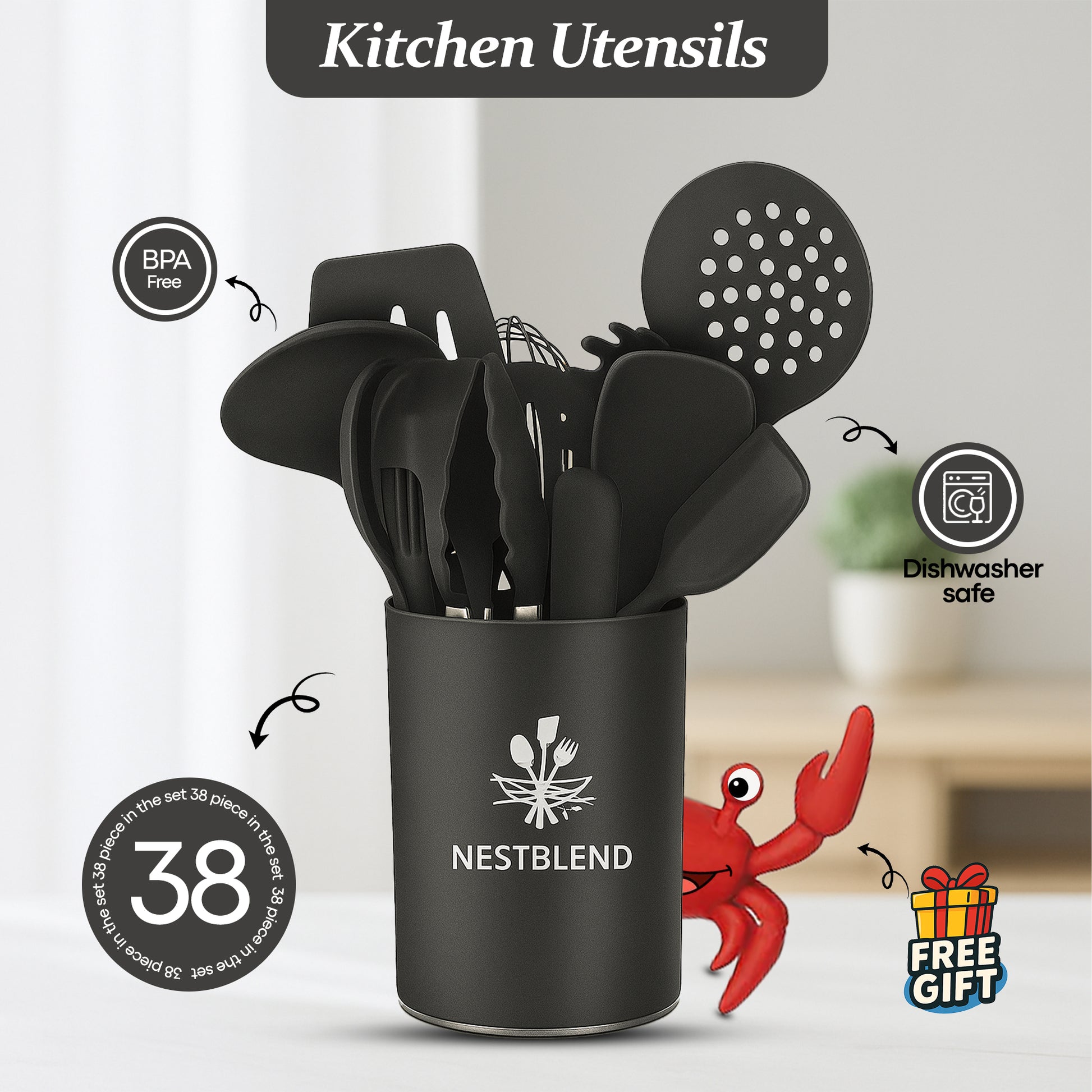 Black silicone kitchen utensils set displayed with red crab spoon holder on white background